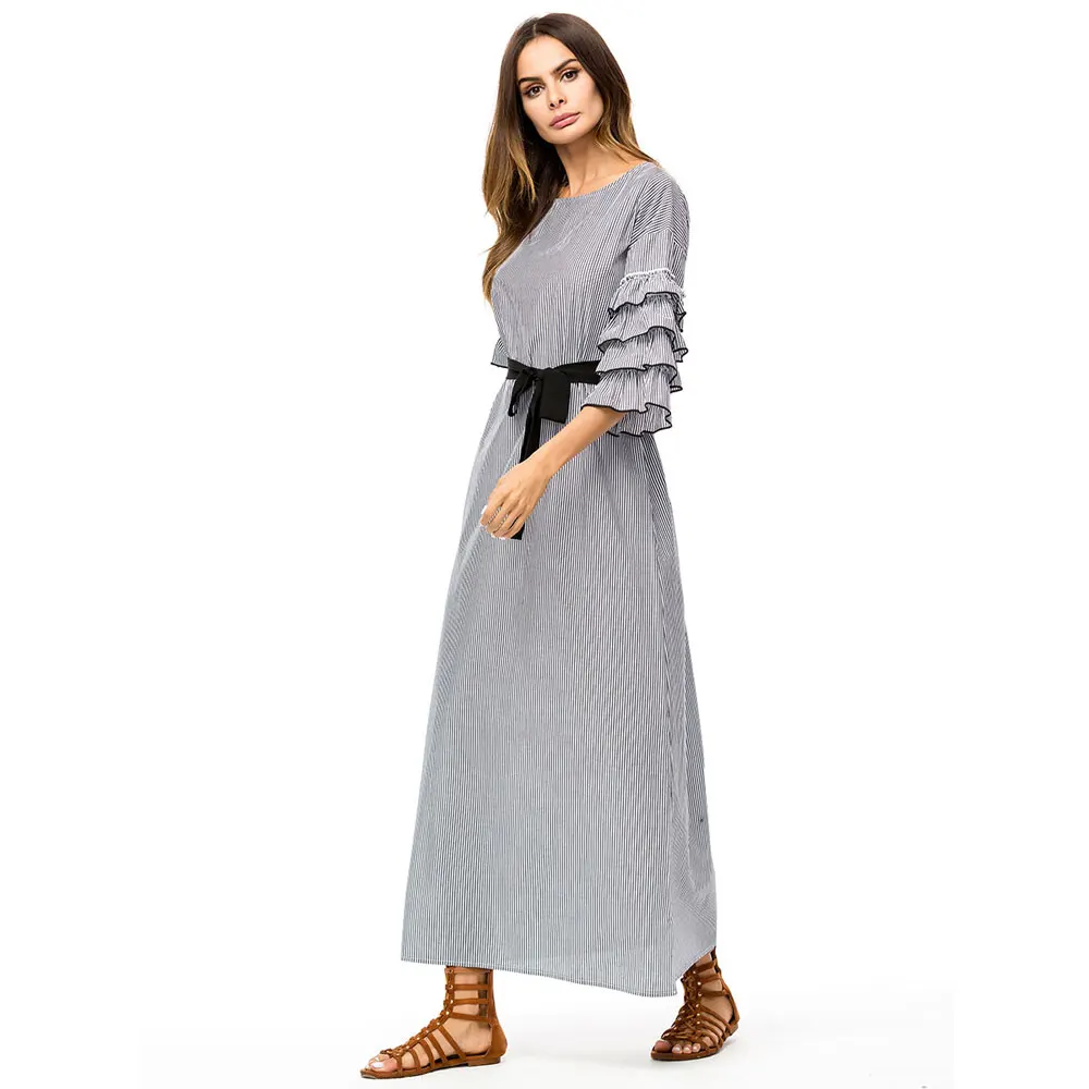 

2019 maxi plaid dress with sashes Ruffle sleeve ethnic women party Boho beach autumn muslim vestidos de fiesta VKDR1344