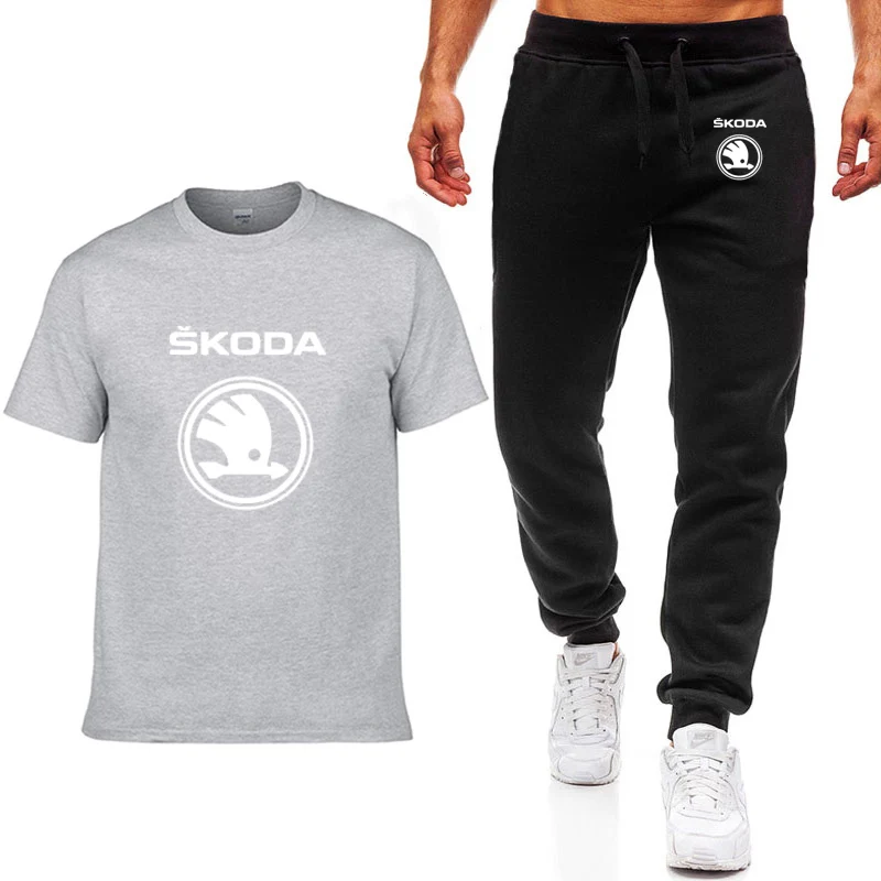 Модные летние мужские футболки с логотипом Skoda Car, Повседневная хлопковая футболка с коротким рукавом высокого качества, штаны, мужская одежда
