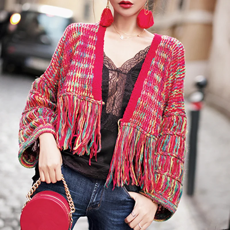 

Rainbow Sweater Women Crop Handing Knitted Cardigan 2019 Autumn Winter England Style Tassel Design Puff Sleeve Knitted Sweater