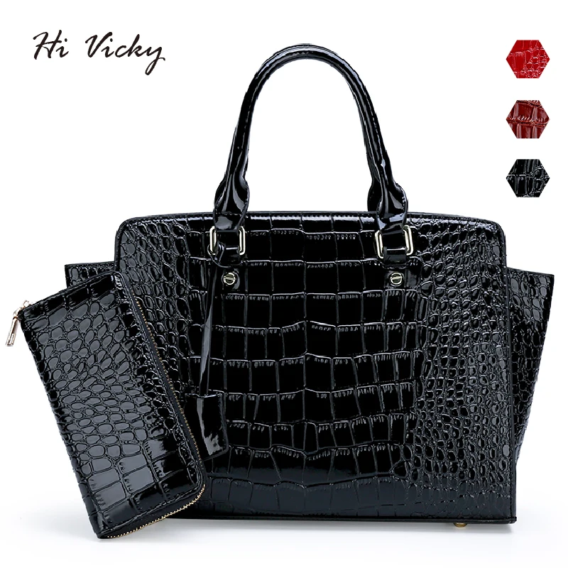 

2 Sets New Famous Designer Brand Luxury Women Patent Leather Handbags Fashion Tote Quality Trapeze Purse Clutches Bolsa Feminina
