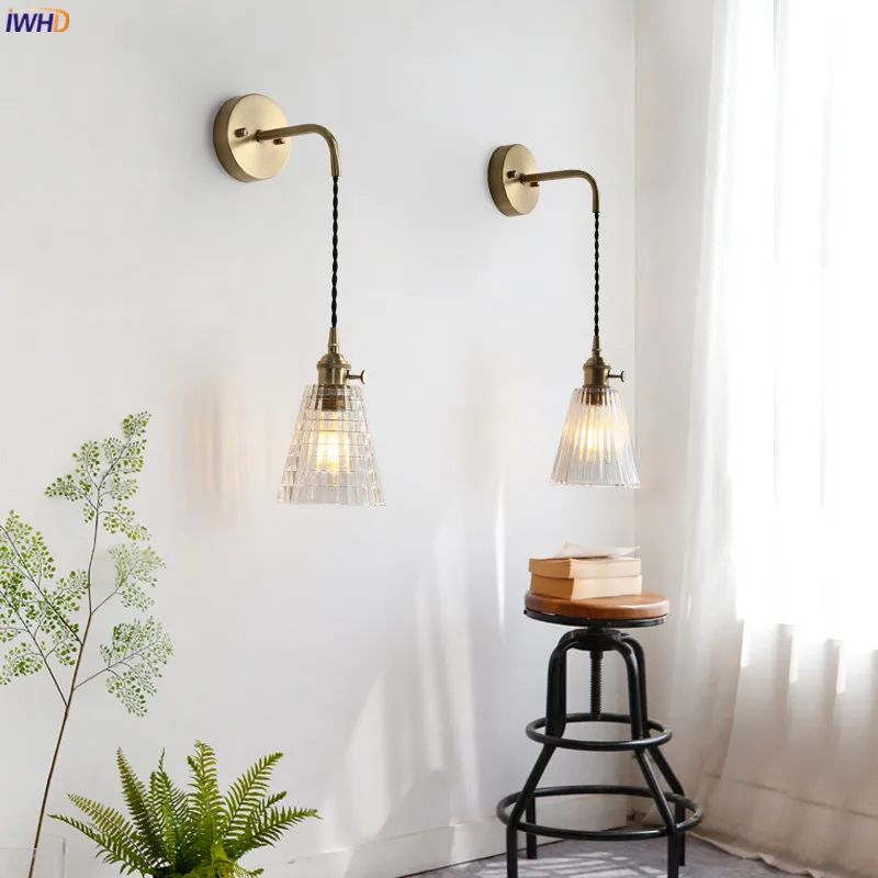 Luminárias para Casa Iluminação de Parede Lâmpada de Parede do Banheiro Espelho de Luz da Escada de Vidro Iwhd Nórdico Japão Retro Luzes Quarto Cobre Wandlamp 15 IWHD Nórdico Japão Retro Luzes Luminárias Para