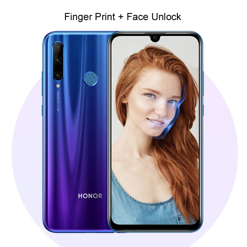 Мобильный телефон HONOR 20 lite с глобальной версией, 6,21 дюймов, 4 Гб, 128 ГБ, Kirin 710, четыре ядра, разблокировка по отпечатку пальца, Android 9,0