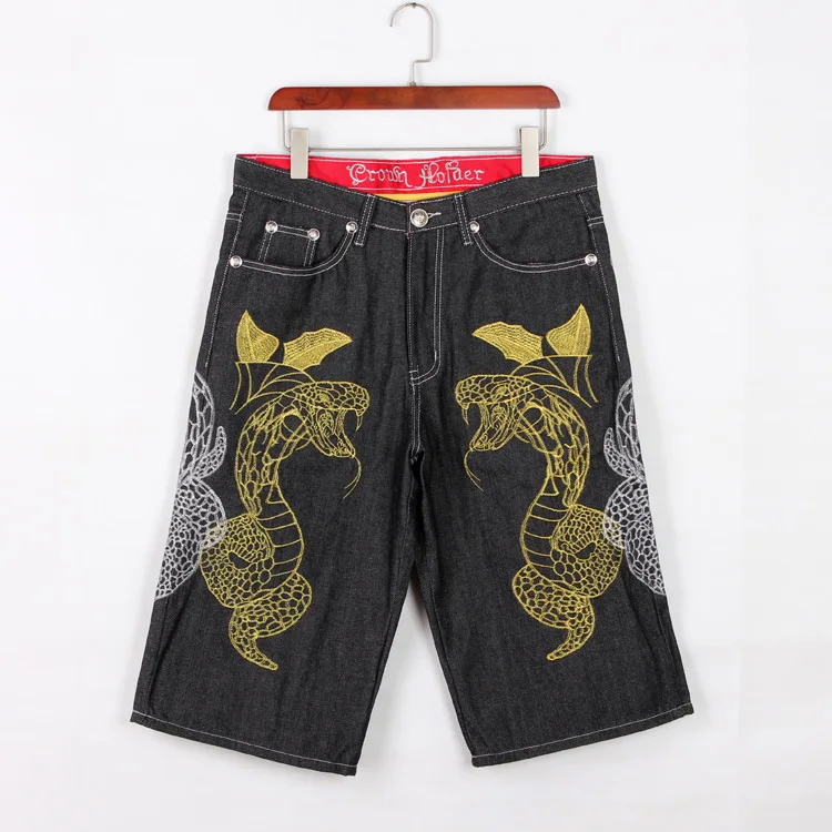 Sokotoo мужские хип змея вышивка джинсовые шорты Лето Плюс большой размер свободные телячья длина staight джинсы