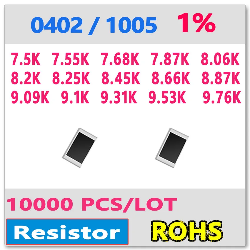 

OHM 0402 F 1% 10000pcs 7.5K 7.55K 7.68K 7.87K 8.06K 8.2K 8.25K 8.45K 8.66K 8.87K 9.09K 9.1K 9.31K 9.53K 9.76K smd 1005 Resistor