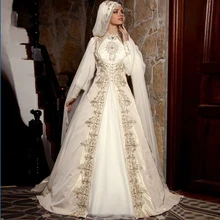 Luxury Muslim Wedding Dress With Hijab High Neck Full Sleeves Crystal Appliques Vestido De Festa Longo A-Line Bridal Gown Satin