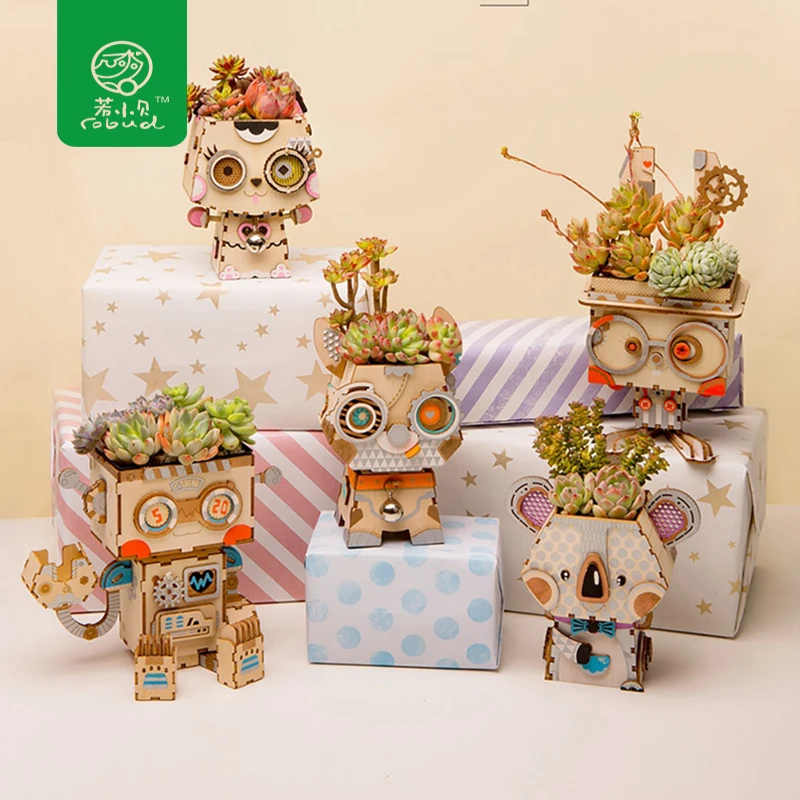 

Robud 5 Types Cute Animal Robot Flower Pot Children Adult Creative 3D Wooden Puzzle Game Models & Building Kits Toy FT