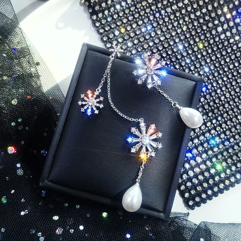 

925 Silver Needle Women Earrings Asymmetrical Snowflake Earring Dazzling Imitation Pearl Long Eardrop Flower Wedding Jewelry