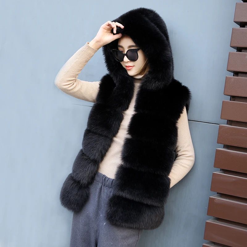 S-4XL, женское меховое пальто с капюшоном, новинка, зимний толстый теплый жилет из искусственного меха серебристой лисы, Женский высококачественный модный кардиган Cappa - Цвет: black