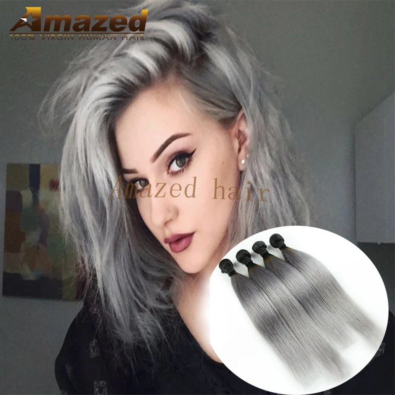 1b Grey Brazilian Straight Ombre Grey Hair Weave Dark Root Two