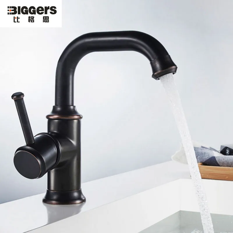 

Free shipping 7 shape copper bathroom basin faucet black bronze finish cold and hot water mixer single handle tap