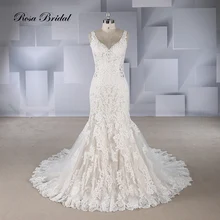 Rosabridal Trumpet Wedding Dresses Sleeveless V neck Lace applique Embroidery Open Back side waist nude Mermaid Bridal Gown semi sheer sleeveless open back elastic waist playsuit with lace details