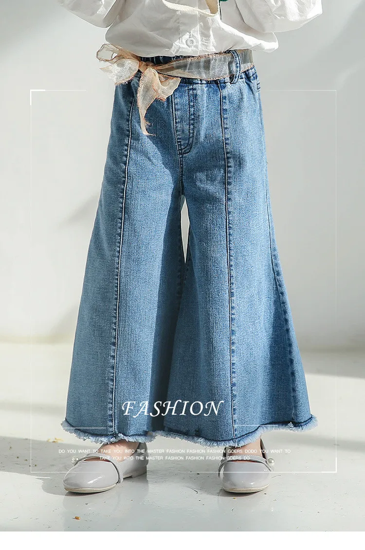 Модные большие джинсы для девочек загрузки Cuat детские свободные штаны принцессы широкие брюки с поясом Wideleg брюки для девочки ребенок широкий брюки Синий