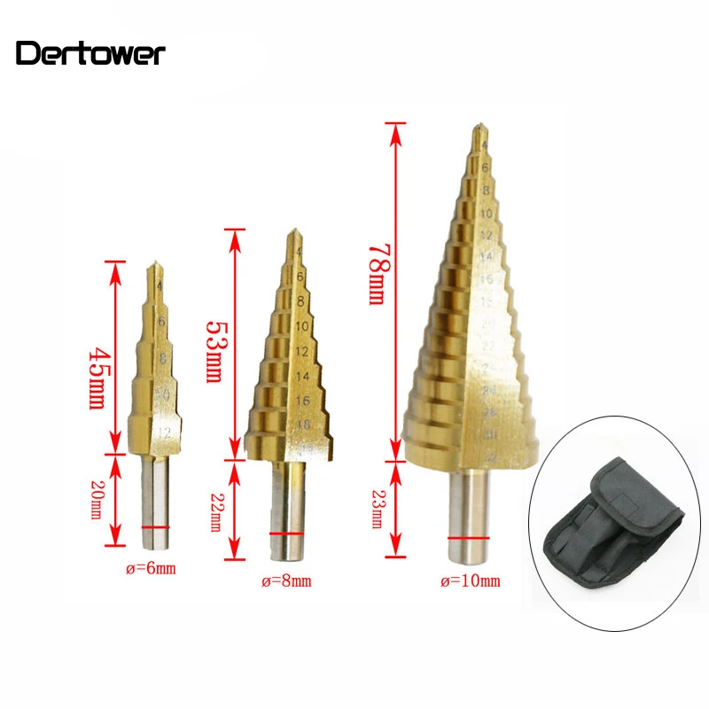 3 шт./лот, на Возраст 4-12/20/32mm HSS Сталь сверло большой шаг конус Титан покрытием и огненный резчик по металлу, набор инструментов с сумочкой в комплекте; Новинка