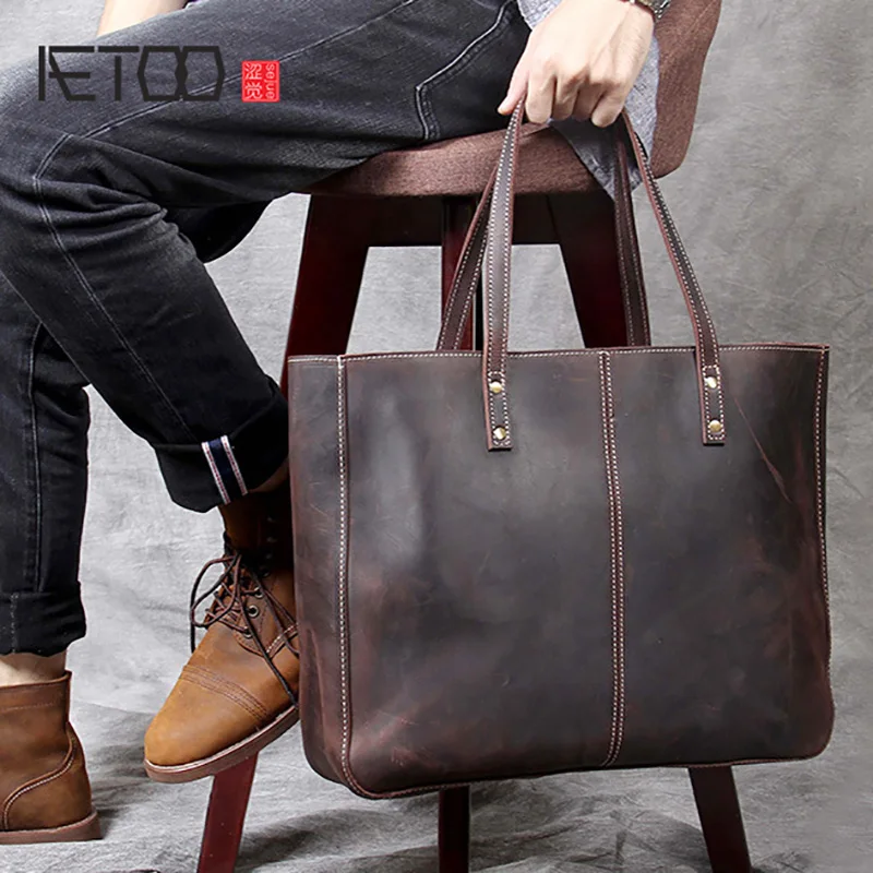 

AETOO Simple retro head-to-head leather large-capacity handbag, men's leather handmade handbag, one-shoulder bag woman