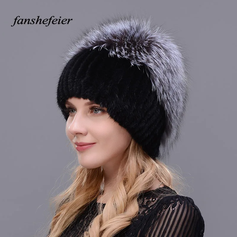 Женские зимние шапки Fanshefeier Элегантные вязаные шапочки из натурального меха