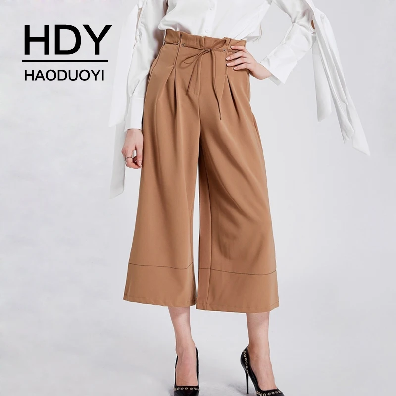 

HDY Haoduoyi Brand Women Khaki Wide Leg Pants High Waist Ruffles Belt Waist OL Lady Elegant Casual Soft Trousers Female Buttoms