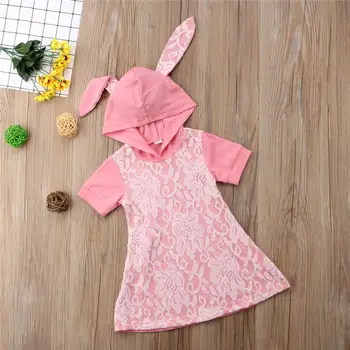 

Kids Baby Girl Pink Flower Lace Dress Rabbit Ear Hooded Short Sleeves Princess Party Dresses Summer Kid Girls Clothes