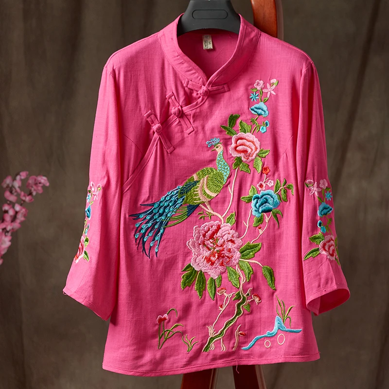 Женские китайские Топы Hanfu с вышивкой, винтажная рубашка, этнический литературный воротник-стойка, хлопок, лен, китайский стиль, женская одежда TA1384