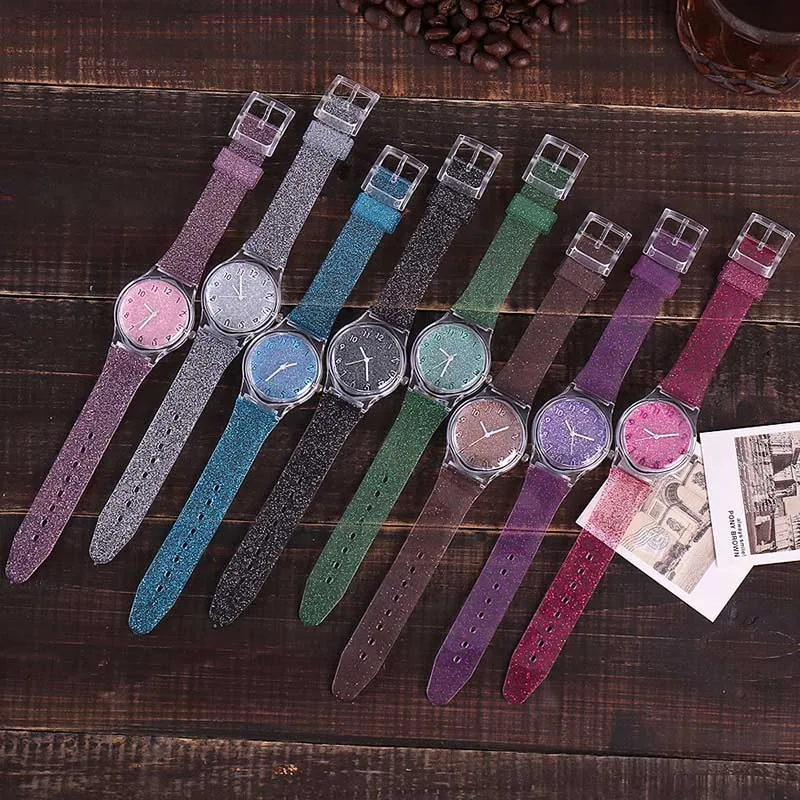 Новые женские блестящие кварцевые часы силиконовые блестящие часы с круглым циферблатом для девушек повседневные наручные часы VK-ING