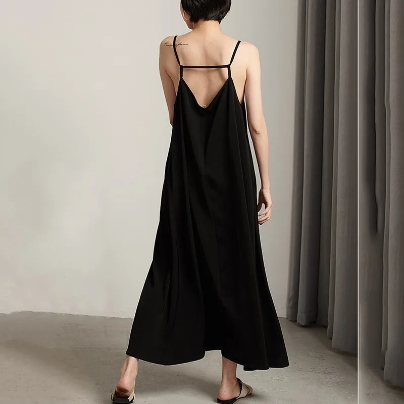 

[YaLee] New Fashion 2019 Summer Black Sleeveless Sexy Reveal Back Bandage Long Thin Loose A-line Camisole Dress Woman U559