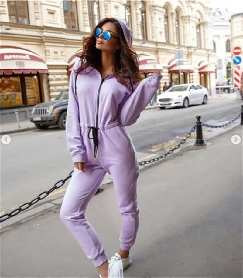 Ladies Women Jumpsuit Zipper Hooded Clubwear Party Bodycon Long Pants Casual Romper Solid Warm Cotton Skinny Soft Clothing - Color: Purple