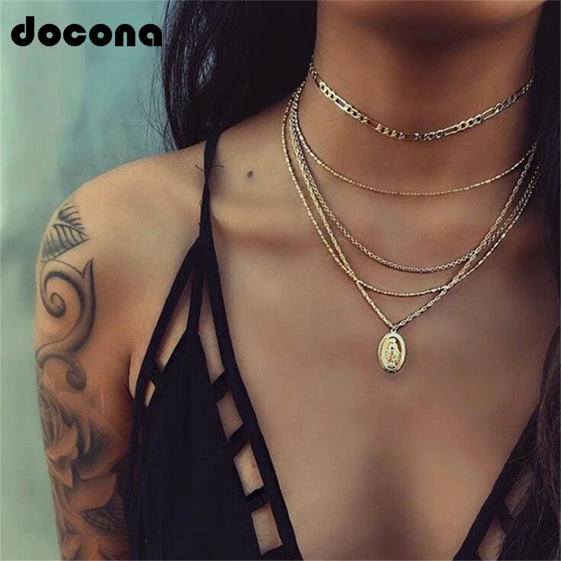 

Docona Boho Round Buddha Necklaces & Pandents Gold Long Alloy Chain Statement Necklace Women Accessories Collier Femme 6139