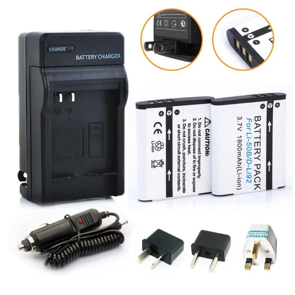 

HIBTY Wholesale 2pcs 1800mAh Li-50B D-LI92 Li-ion camera Battery + Charger + Plug Adapter For Olympus 1020 1010 1030 Pentax X70
