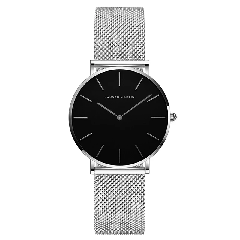 Модные женские часы в простом стиле Япония часы с кварцевым механизмом HANNAH Martin новые женские повседневные платья часы Reloj Mujer - Цвет: Silver Black