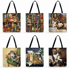 Retro pintura a óleo impressão feminina tote saco encantador gato linho reutilizável sacos de compras sacos de ombro para senhoras bolsas