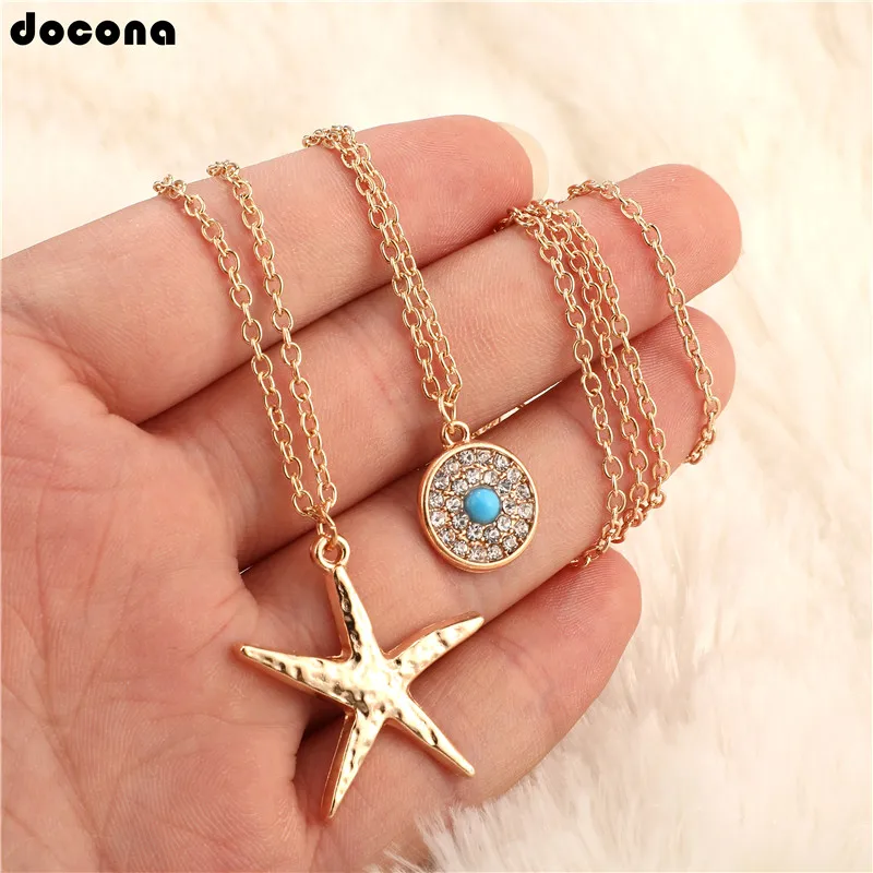 

Docona Beach Bohemia Long Gold color Chain Sea Star Starfish Crystal Pendant Necklace for Women Charm Choker Jewelry A35405