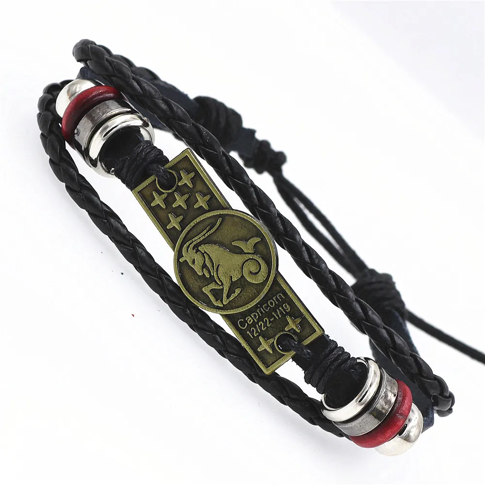 Плетеные пряжки 12 браслеты с изображениями созвездий панк кожаный браслет со знаком зодиака деревянный шарик черный Гальский камень Шарм ювелирные изделия