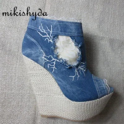 Épaisse Peep Mujer Botines Hauts Cheville Coins Talons Slop Imperméables Semelle Denim Bottes Remise Cowboy Sexy toe Bleu Plataforma SOIqg4P