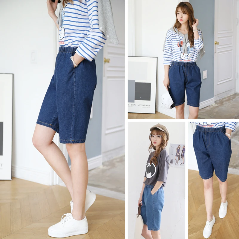 2015 summer Korean style women knee length washed denim casual straight ...