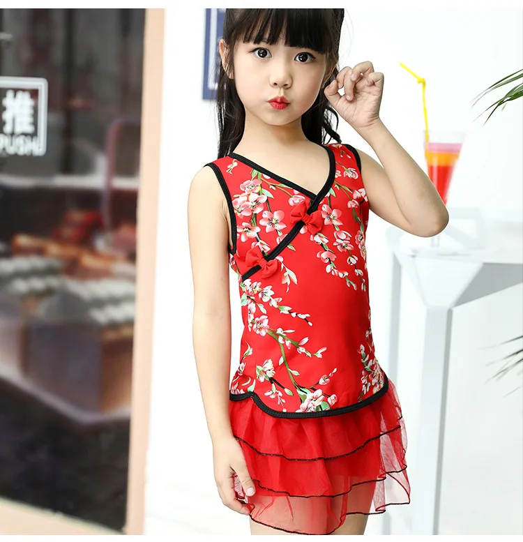 Новинка года; детский купальный костюм для больших девочек; милая и красивая юбка в китайском стиле с разрезом кружевной купальник; G42-K559