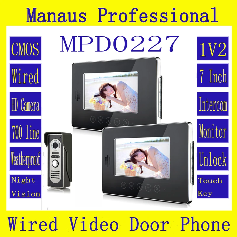 New 7 inch Screen Keypad Display Video Intercom System D227b,High Quality Wired Magnetic Lock One to Two Video Doorphone Device