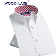 

WOOD LAKE 2018 Summer 100% cotton Contrast Collar Men Dress Shirt short sleeve Solid Color Blue White shirt men formal shirt