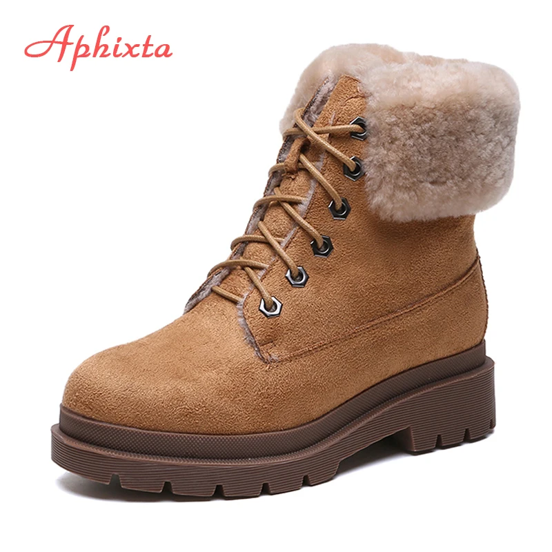 

Aphixta Natural Wool Fur Snow Boots Women Platform Warm Ankle Boots Shoes Woman Winter Thick Sole Lace-up Real Wool Women Shoes