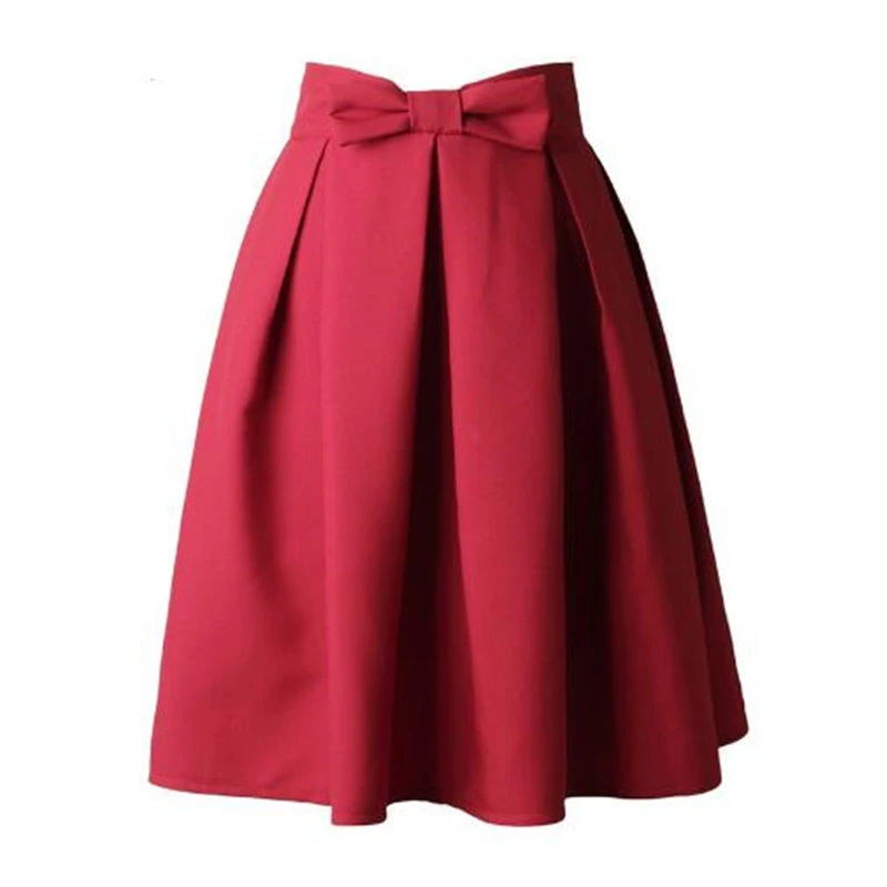 

Causual Bow Pleated Women Skater Skirts Knee Length Summer High Waist Ladies Solid Black Ball Gown S-XXL 2019 New GRNSHTS