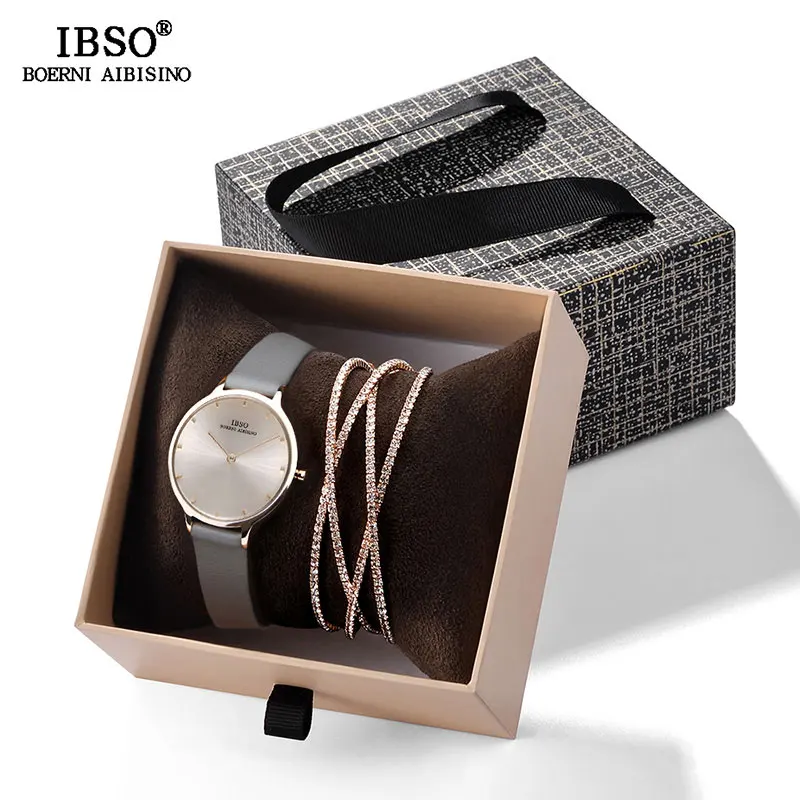 IBSO женские кожаные часы набор розовый золотистый браслет со стразами ювелирные часы Рождественский подарок коробка для женщин ювелирные часы набор - Цвет: LM1001 grey set