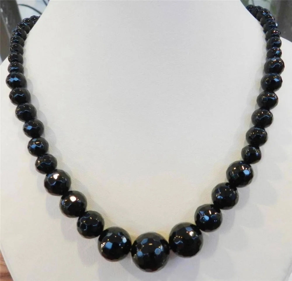 

huij 004491 Faceted 6-14mm Black Agate Round Onyx Gems Beads Necklace 18