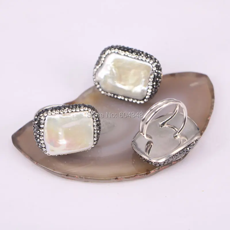 

5pcs Natural Pearl Ring, Metal Plated Silver Ring, Pave Setting Crystal Jewelry Finger Pearl Gem Rings