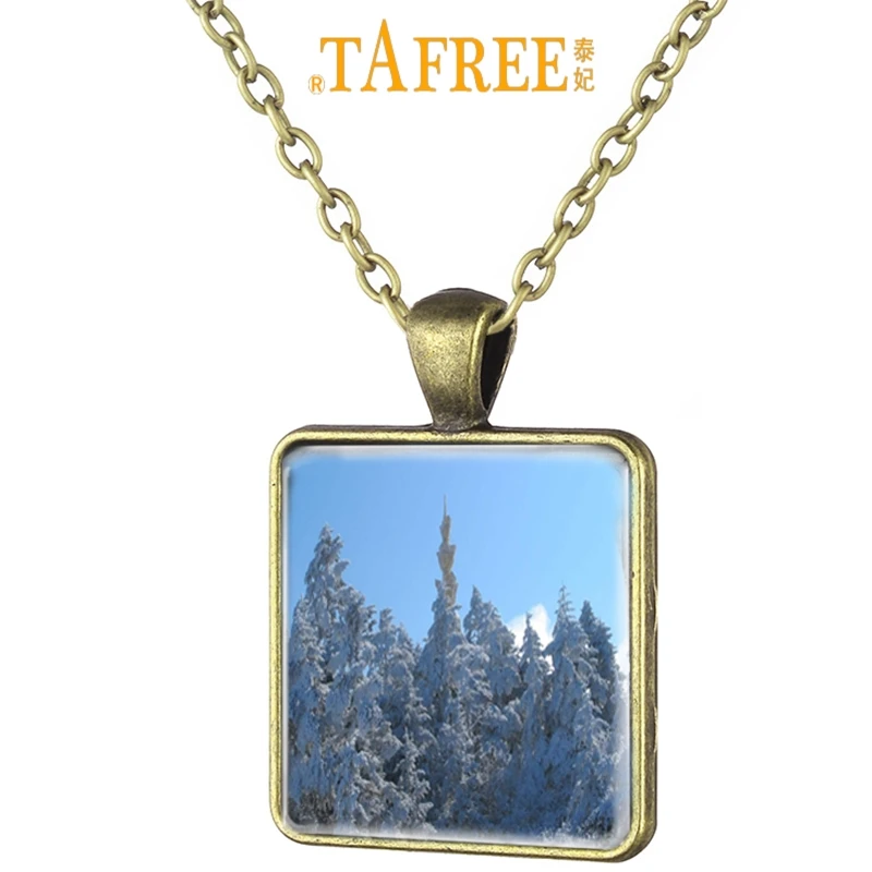 

TAFREE Beautiful Chinese Scenery Mountain Emei Art Picture Square Necklace Antique Bronze Plated Glass Cabochon Jewelry EM21