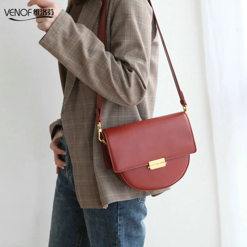 

VENOF half month saddle bags luxury women split leather messenger bag elegant ladies shoulder bags crossbody bag for women 2019