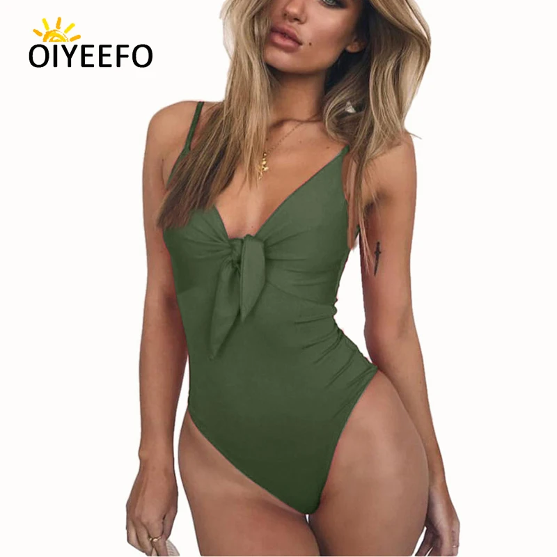 

Oiyeefo Knot One Piece Swimsuit Female Swimwear Solid 4 Colors Green Black Red Orange 2018 Monikini Women Swim Suit Beach Mayo