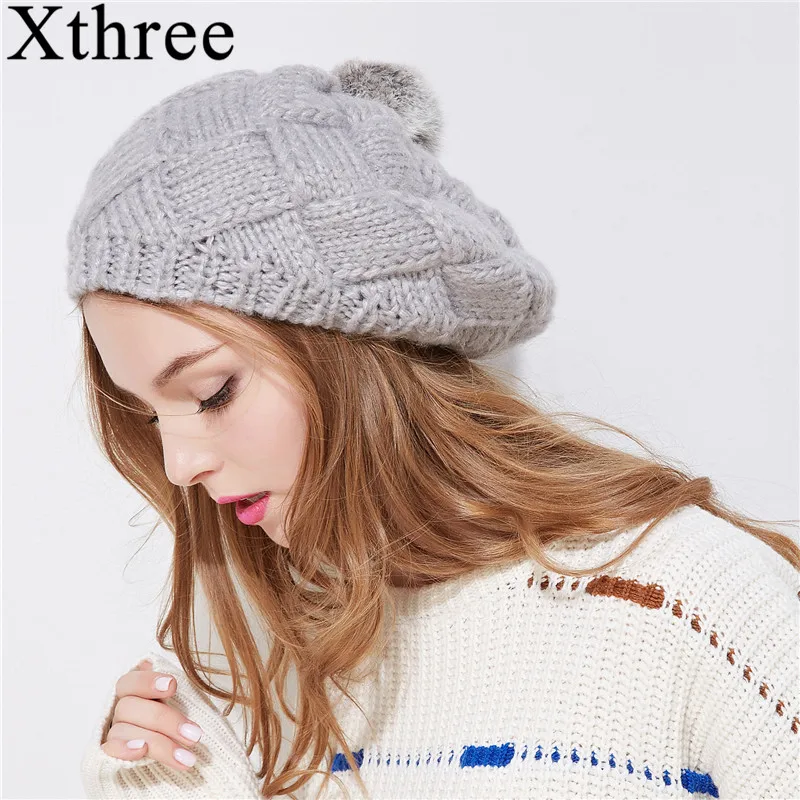 

Xthree New winter hat for women knitted beret hat with rabbit fur pom pom girl solid fashion cap spring