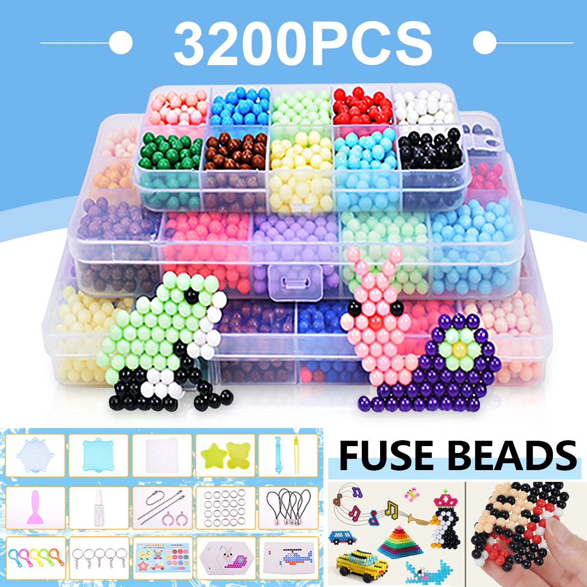 

3200Pcs Toys 24colors Box Set MINI Kids Diy Toys Fuse Beads Plussize Pegboard Sheets Ironing Pape