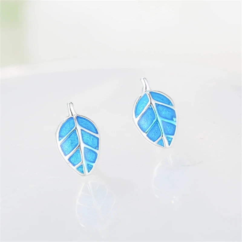 

Hot Sale Cute Funny small Blue Leaf Stud Earrings aretes Kawaii 925 Solid Sliver Mini Ear Studs Female Womens Jewellery ED956