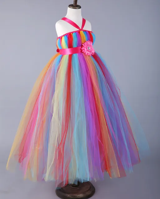 Rainbow Color Girls Tulle Long Dress Kids Fluffy Strap Tutu Dress ...