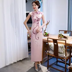 Тонкий плотный стиль леди платья для женщин женские атласные Cheongsam винтаж с цветочным принтом длинные Qipao OverSize M, L, XL 3XL 4XL S-005 Vestidso