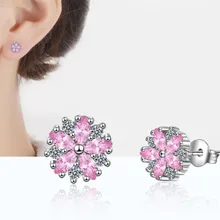 Темперамент S925 стерлингового серебра розовое кристалльное цирконовое вишня в цвету цветы, серьги со шпилькой, для Для женщин девочек вечерние подарки